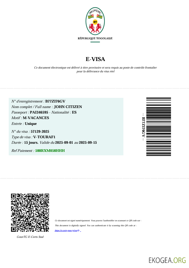 Modèle de visa électronique pour le Togo aux formats Word et PDF